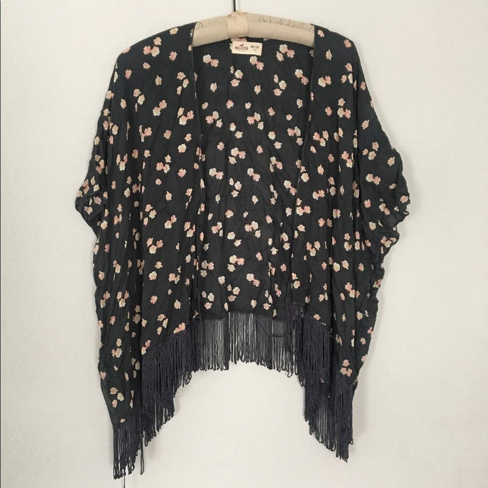 Hollister Navy Floral Fringe Kimono